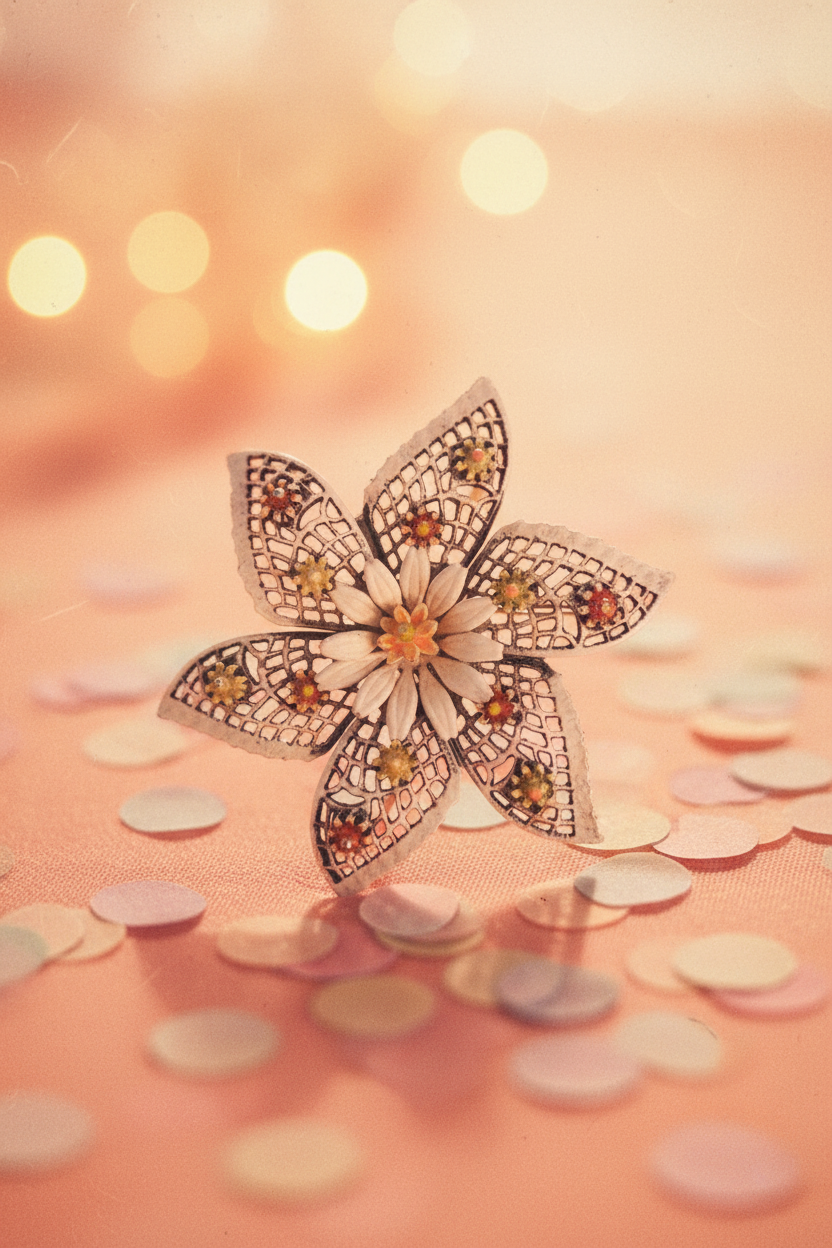 Vintage Signed ART Metal Flower Brooch in White & Peach