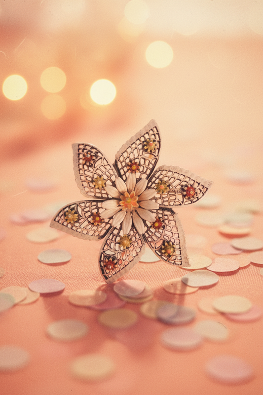 Vintage Signed ART Metal Flower Brooch in White & Peach
