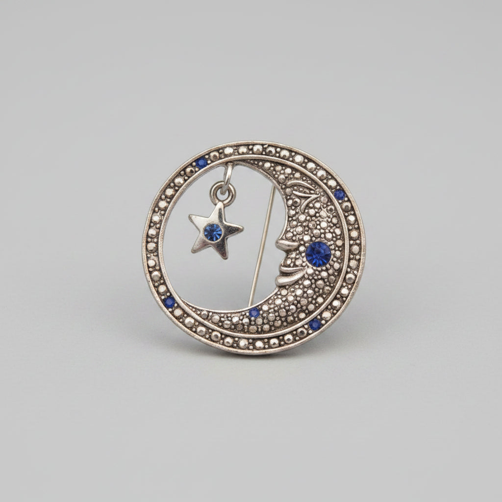 Vintage Signed AAI Silver Moon & Star Blue Rhinestone Brooch