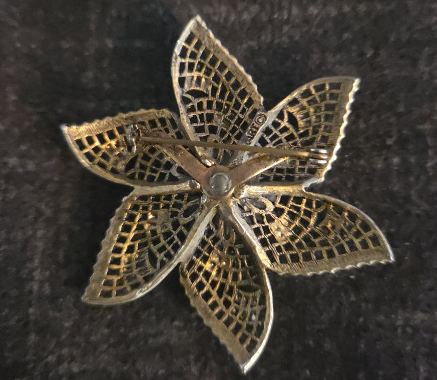 Vintage Signed ART Metal Flower Brooch in White & Peach