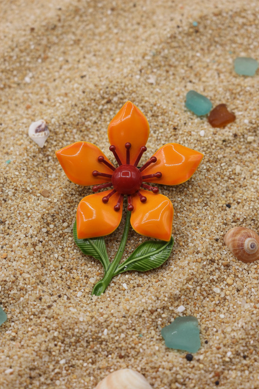 Vintage Flower brooch pin enamel tropical oranges and reds 1960's