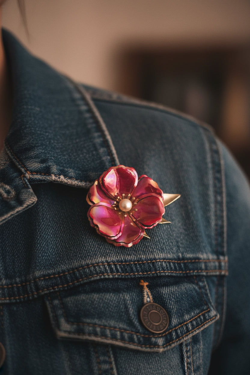 Vintage hot pink pearl center metal flower