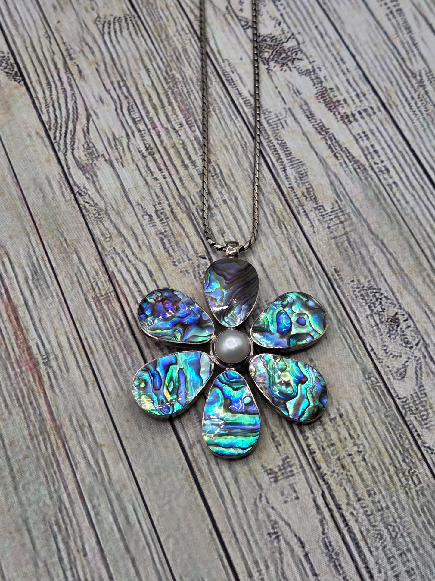 Vintage Boho Hippy Abalone flower sterling silver Thick sterling silver Chain