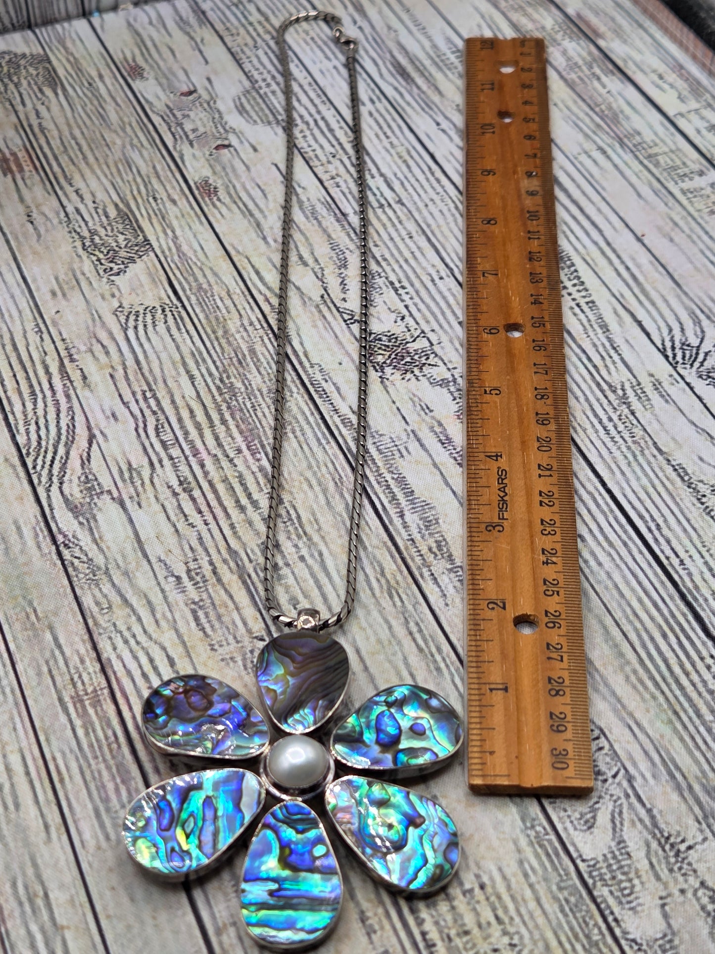 Vintage Boho Hippy Abalone flower sterling silver Thick sterling silver Chain