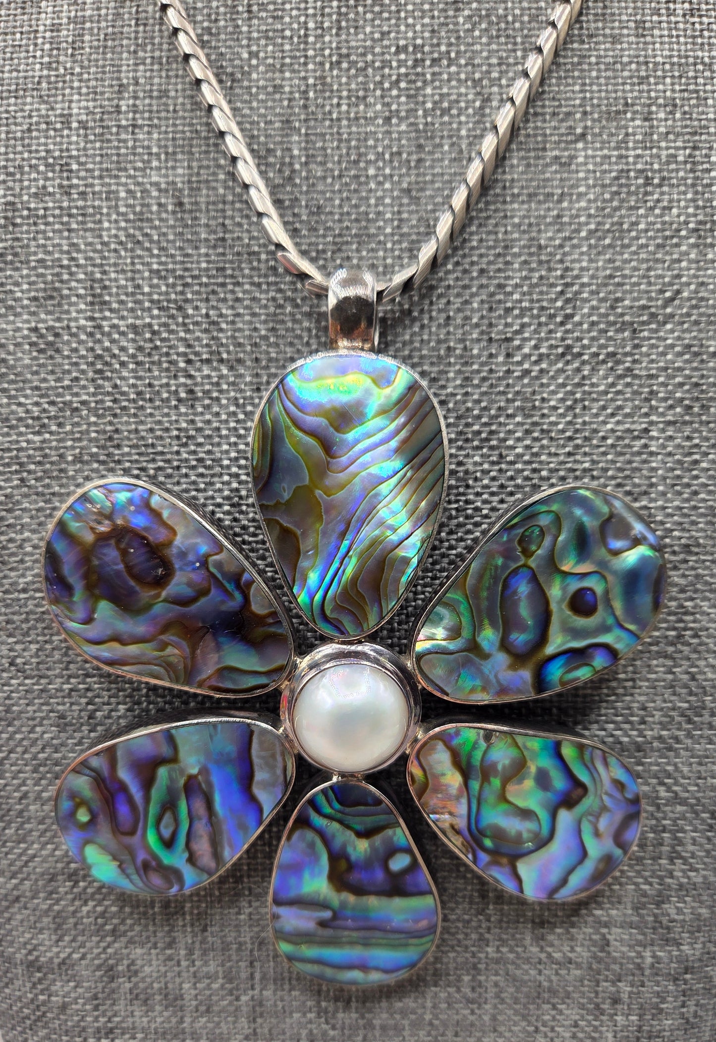 Vintage Boho Hippy Abalone flower sterling silver Thick sterling silver Chain
