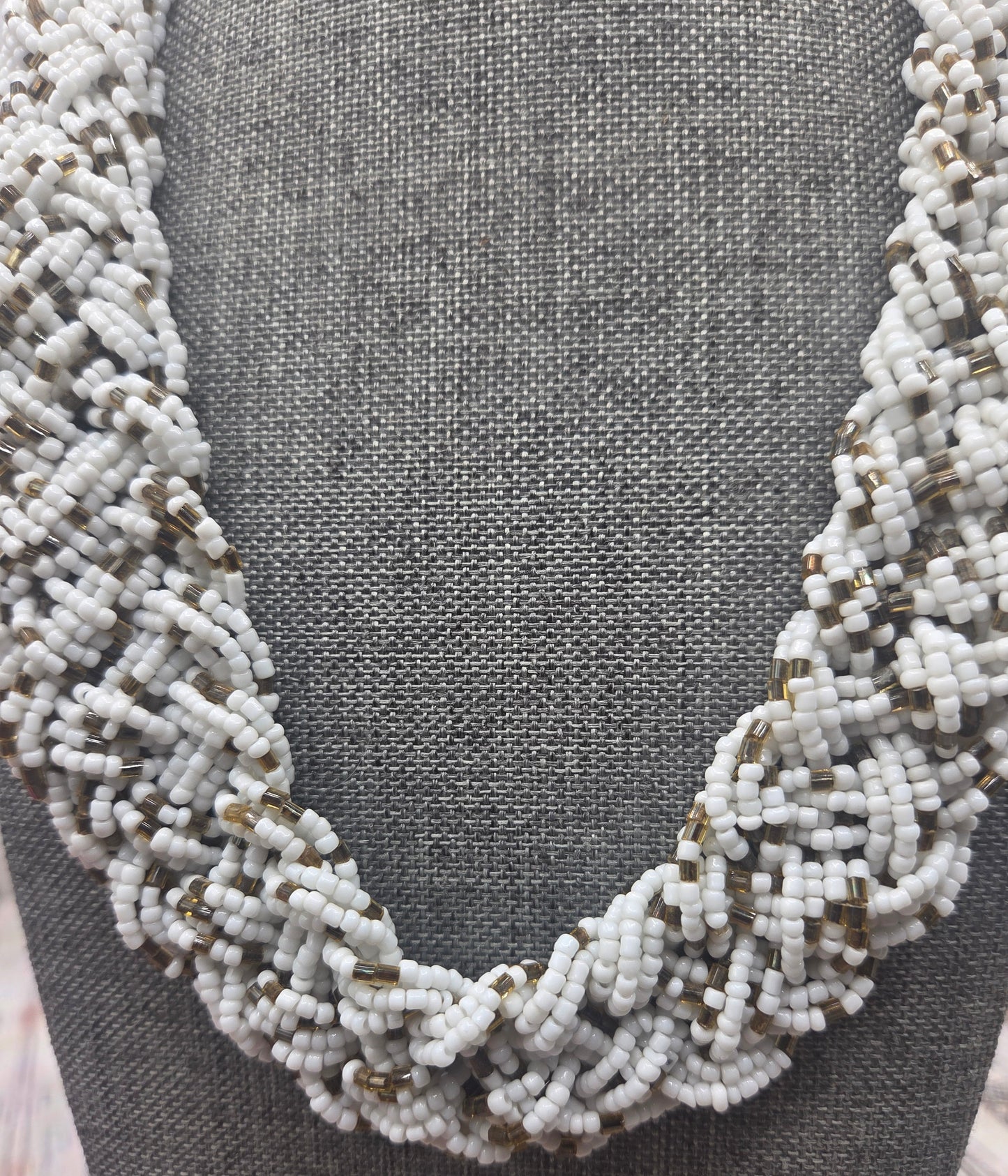 Vintage Chunky Woven Signed C Seed bead Brown and White Necklace