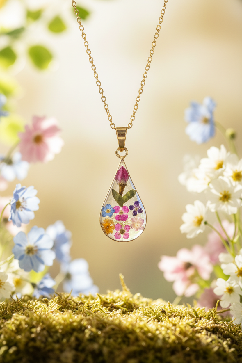 Vintage Sterling Silver Teardrop Pendant with Dried Flowers