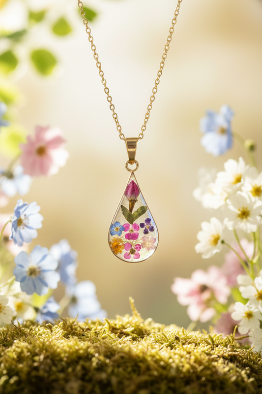 Vintage Sterling Silver Teardrop Pendant with Dried Flowers