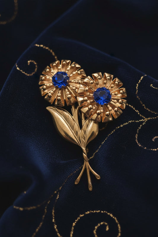 1950s Double Flower Brooch — Blue Rhinestone & Gold Tone