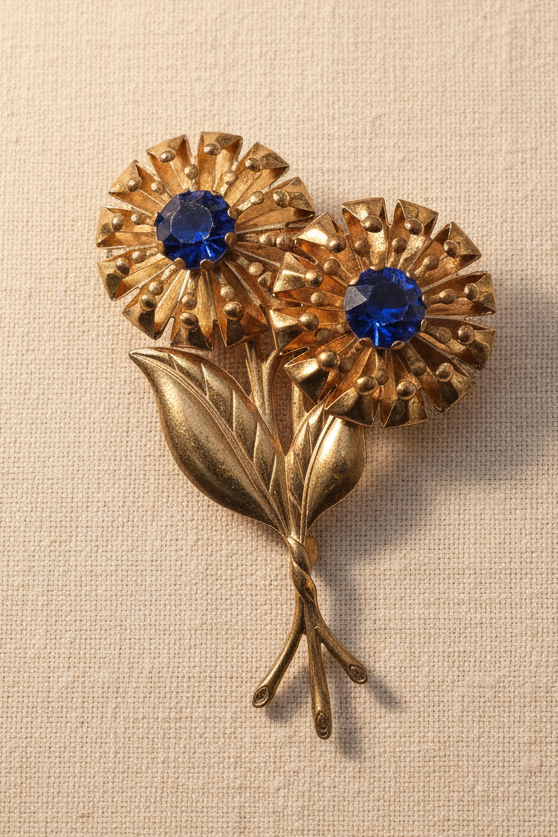 1950s Double Flower Brooch — Blue Rhinestone & Gold Tone