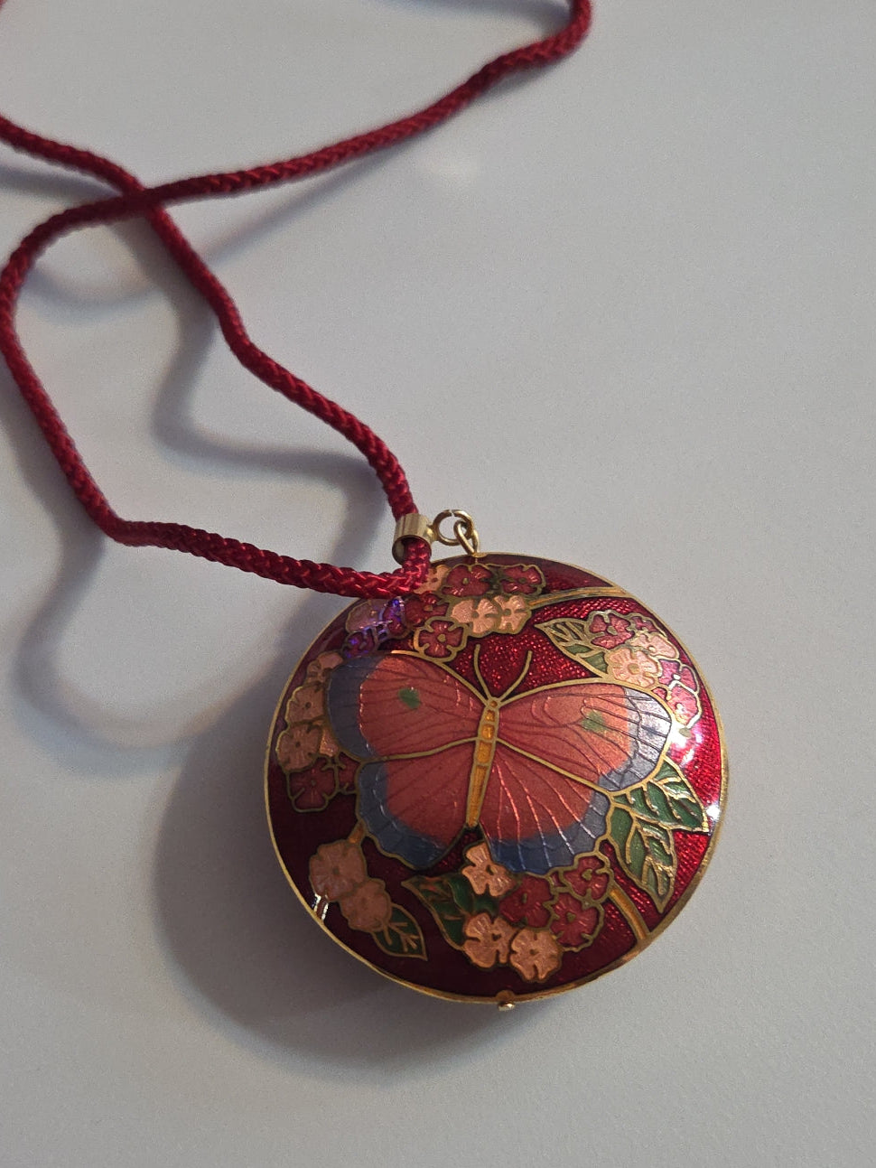 Vintage Red Round Cloisonné Butterfly Pendant on Silk Thread Cord