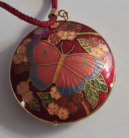 Vintage Red Round Cloisonné Butterfly Pendant on Silk Thread Cord