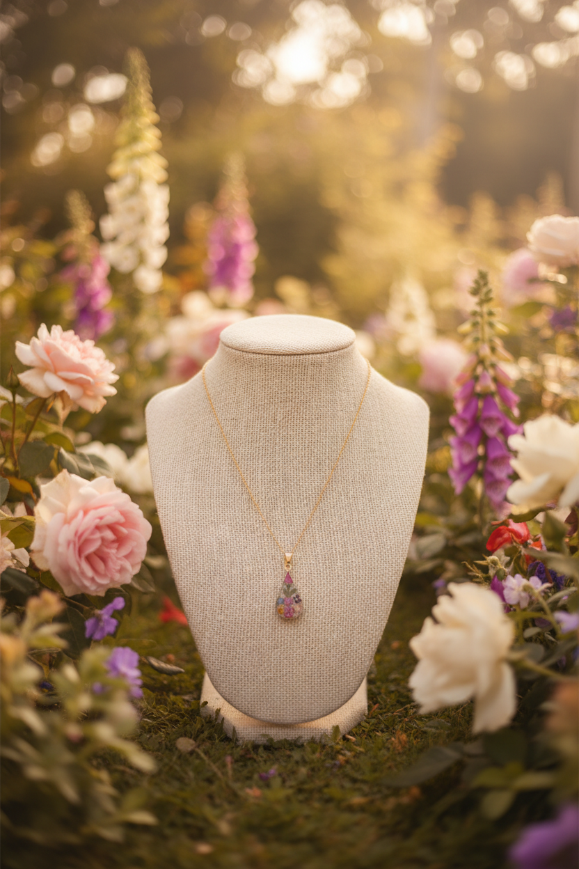 Vintage Sterling Silver Teardrop Pendant with Dried Flowers