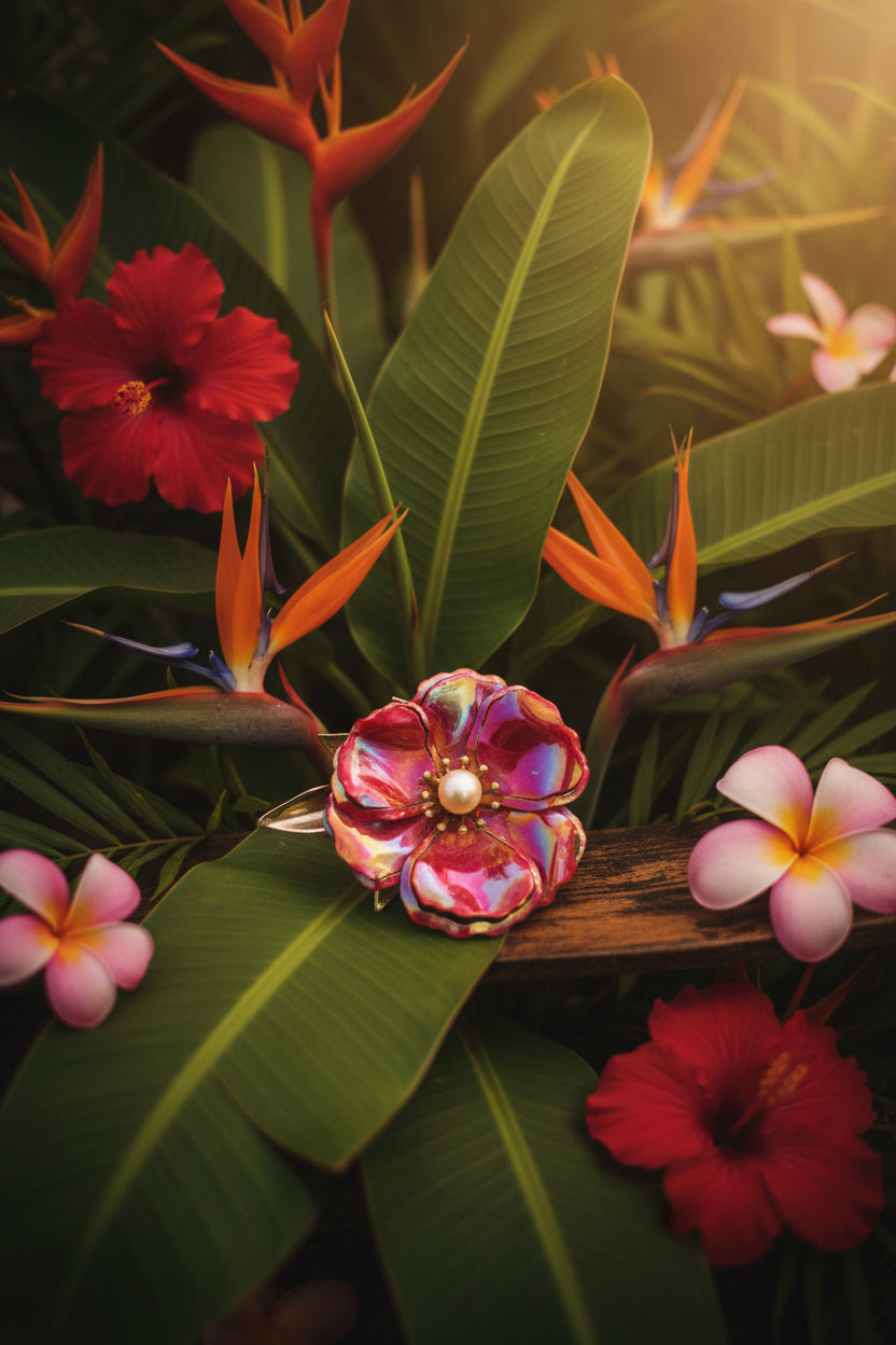 Vintage hot pink pearl center metal flower