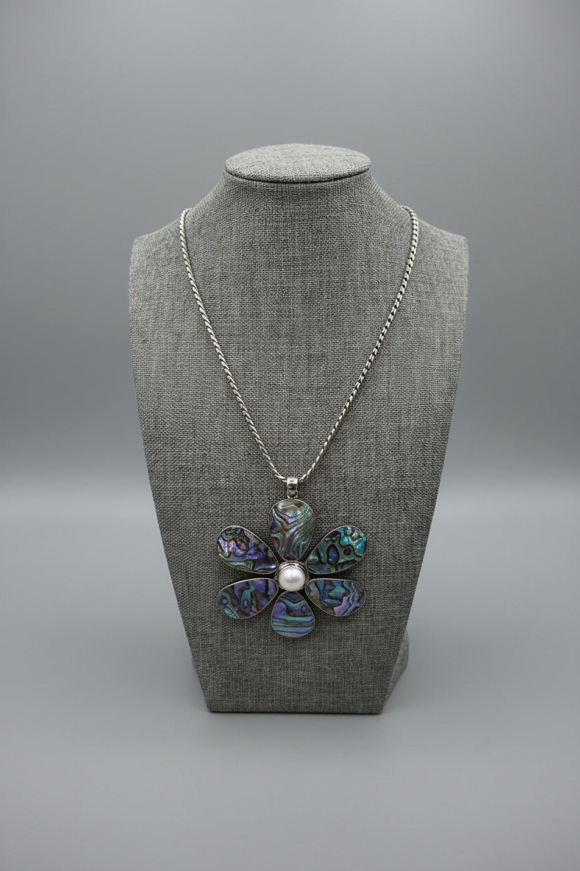 Vintage Boho Hippy Abalone flower sterling silver Thick sterling silver Chain