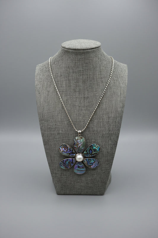 Vintage Boho Hippy Abalone flower sterling silver Thick sterling silver Chain