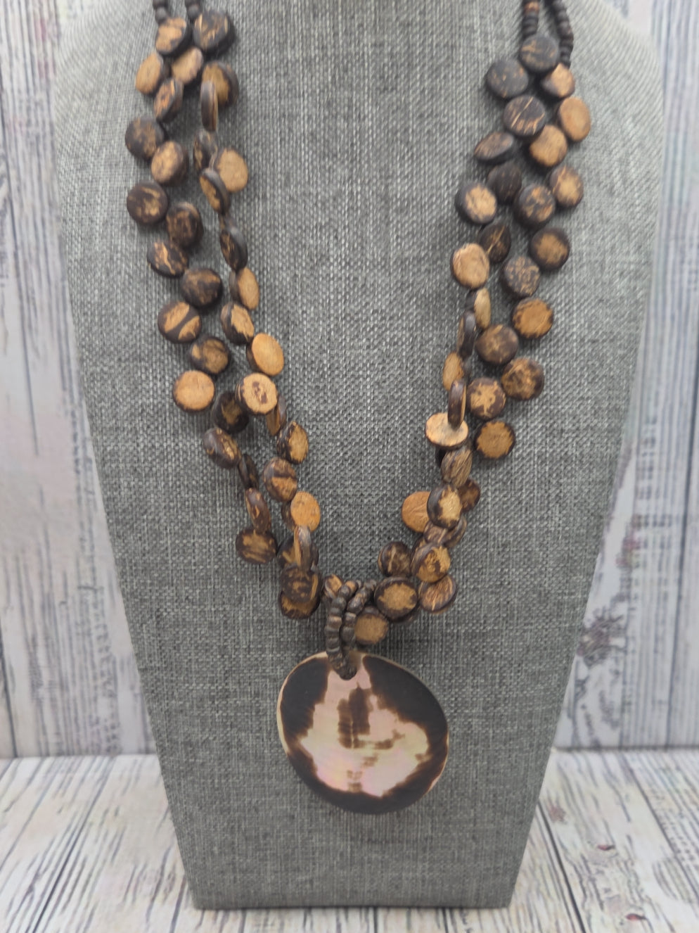 Vintage Signed VJ Vicky Jousan Shell & Wood Statement Brooch
