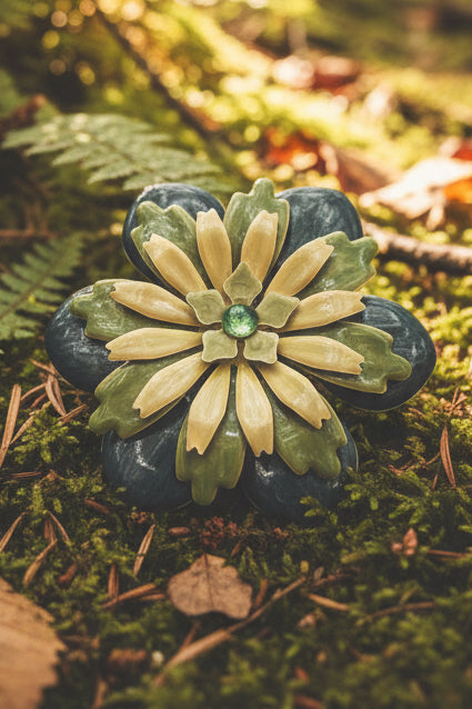Vintage Enamel Flower metal greens with rhinestone