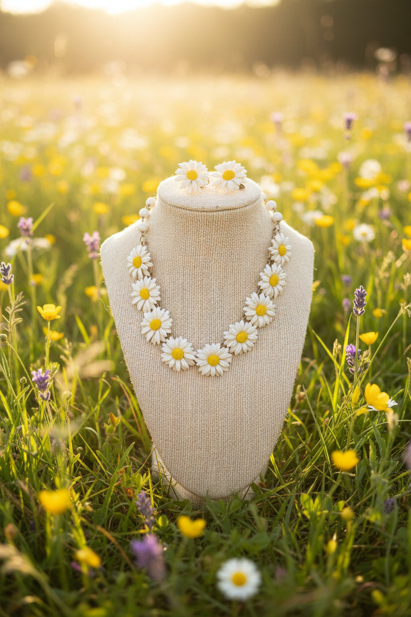 Vintage Plastic Daisy Chain Necklace & Earring Set