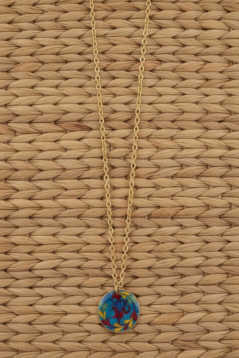 Vintage 1970's enamel round pendant with gold chain Groovy Unique