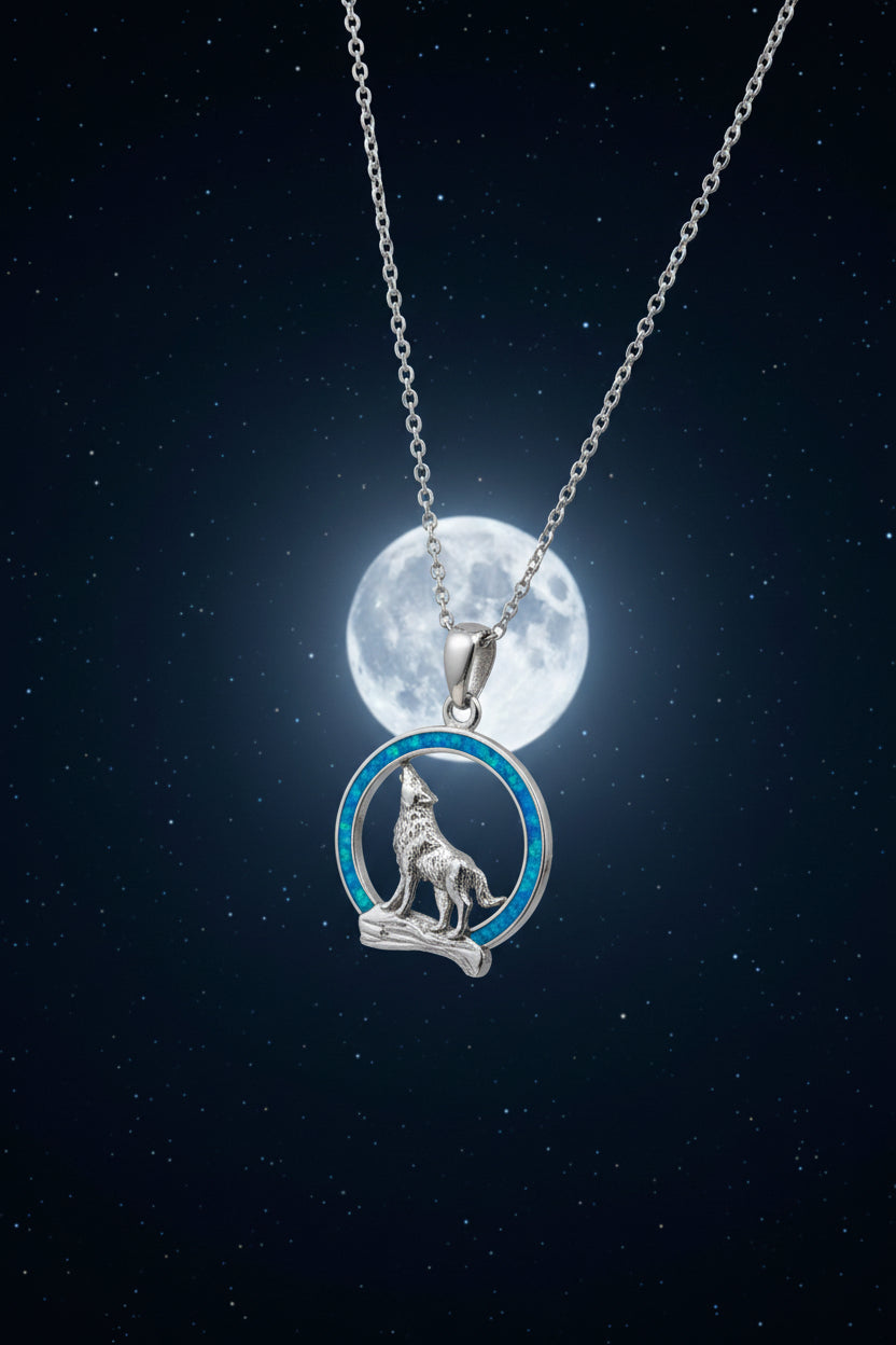 Vintage Sterling Silver Opal Wolf Moon Pendant with Chain