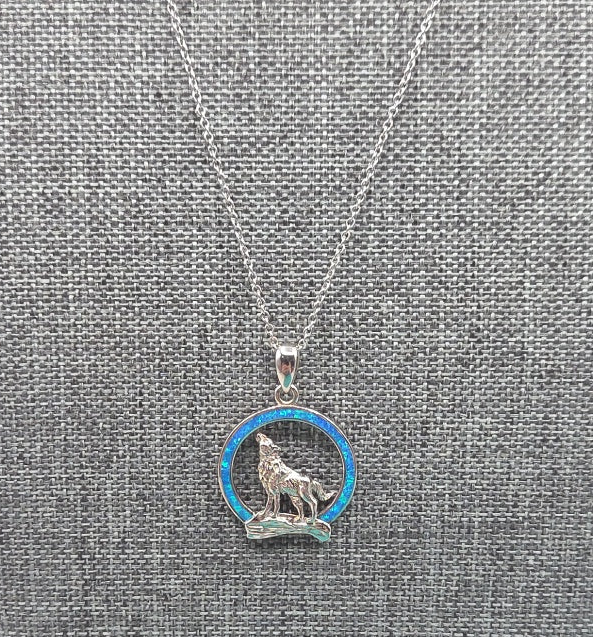 Vintage Sterling Silver Opal Wolf Moon Pendant with Chain