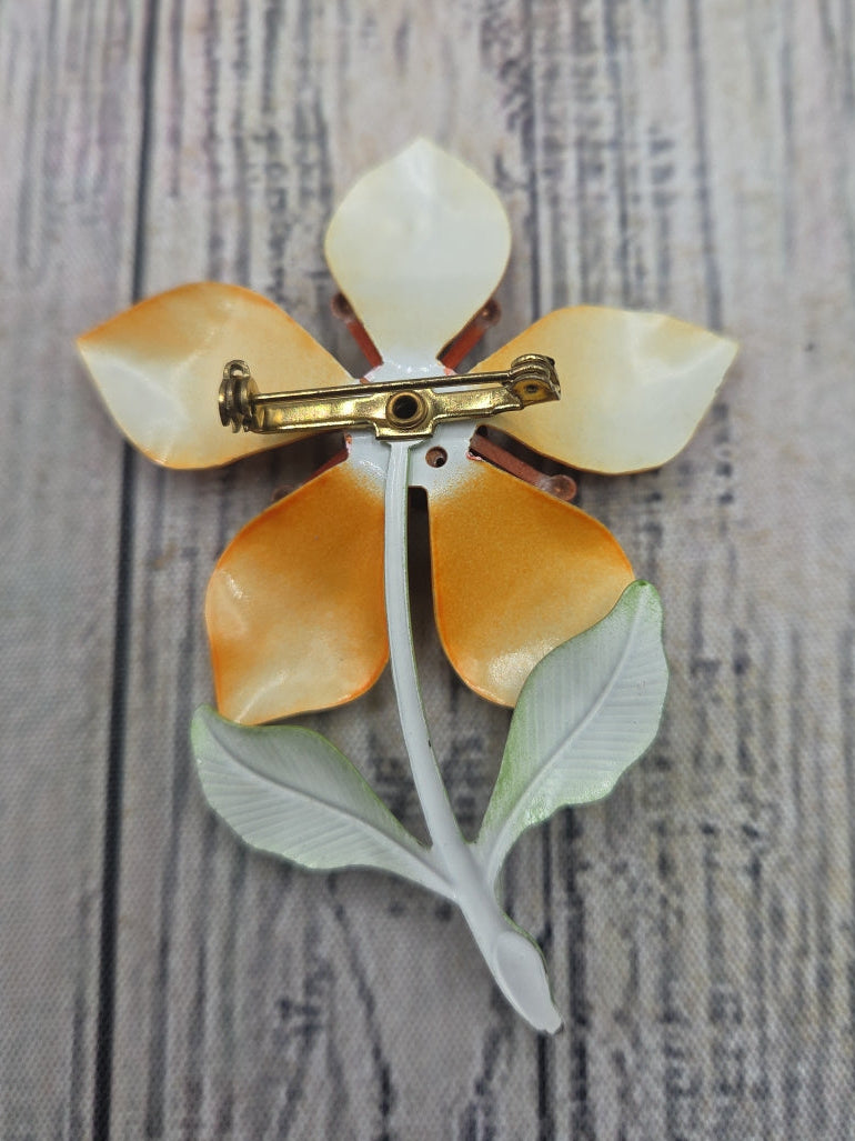 Vintage Flower brooch pin enamel tropical oranges and reds 1960's