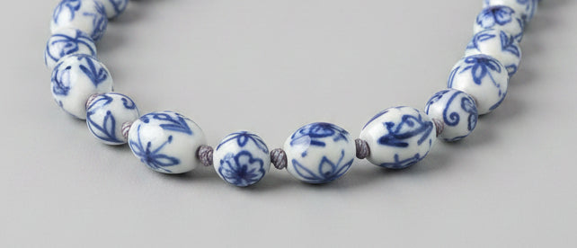 Vintage Blue & White Porcelain Bead Statement Necklace – Handcrafted Ceramic Beads – Long Chinoiserie Style Necklace