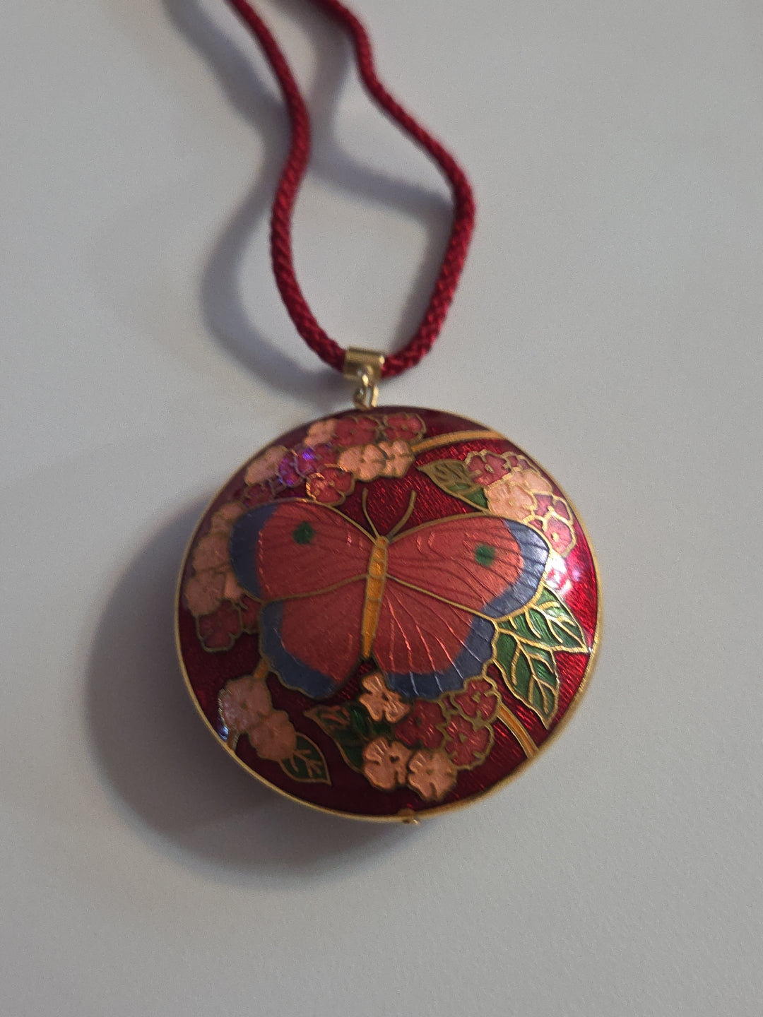 Vintage Red Round Cloisonné Butterfly Pendant on Silk Thread Cord