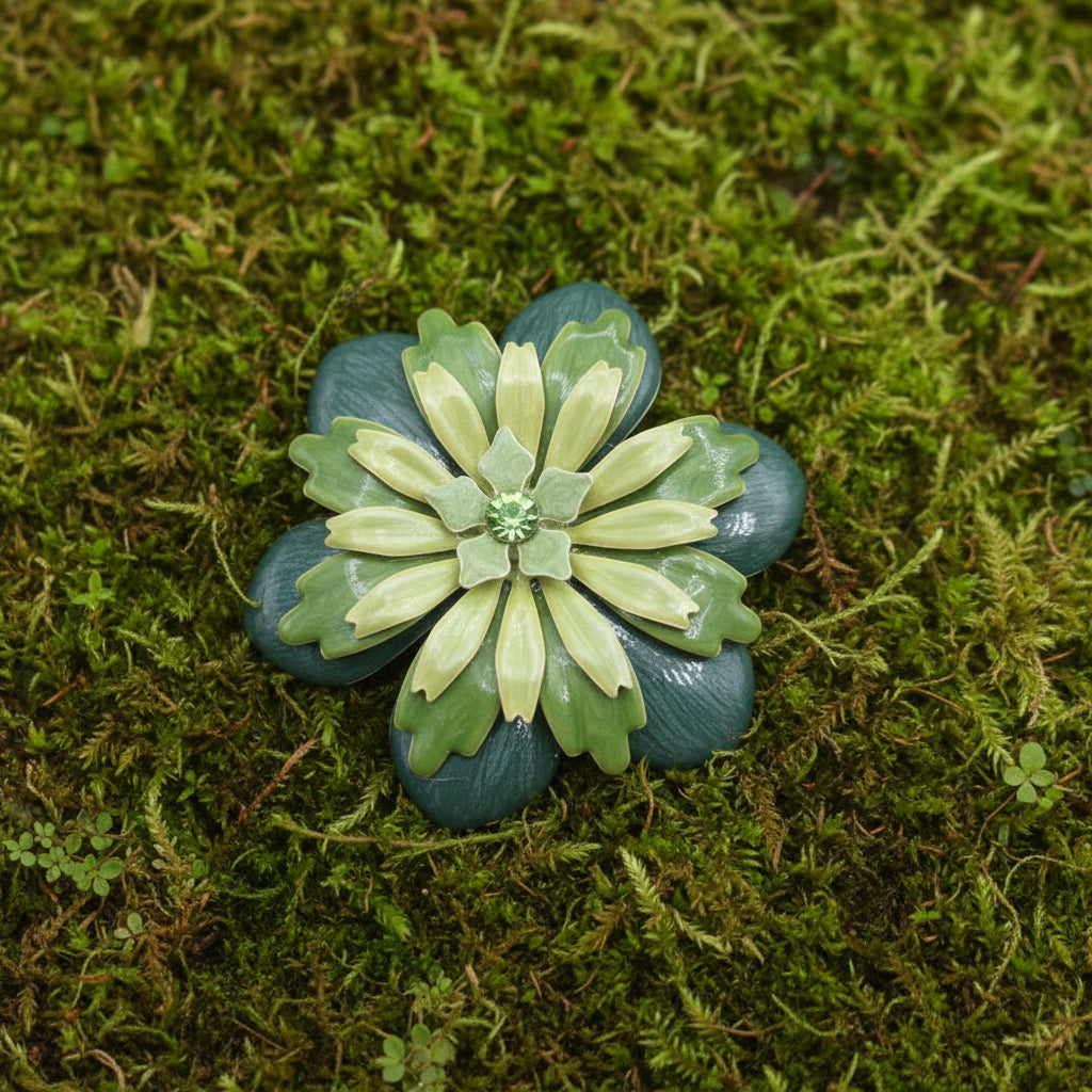 Vintage Enamel Flower metal greens with rhinestone