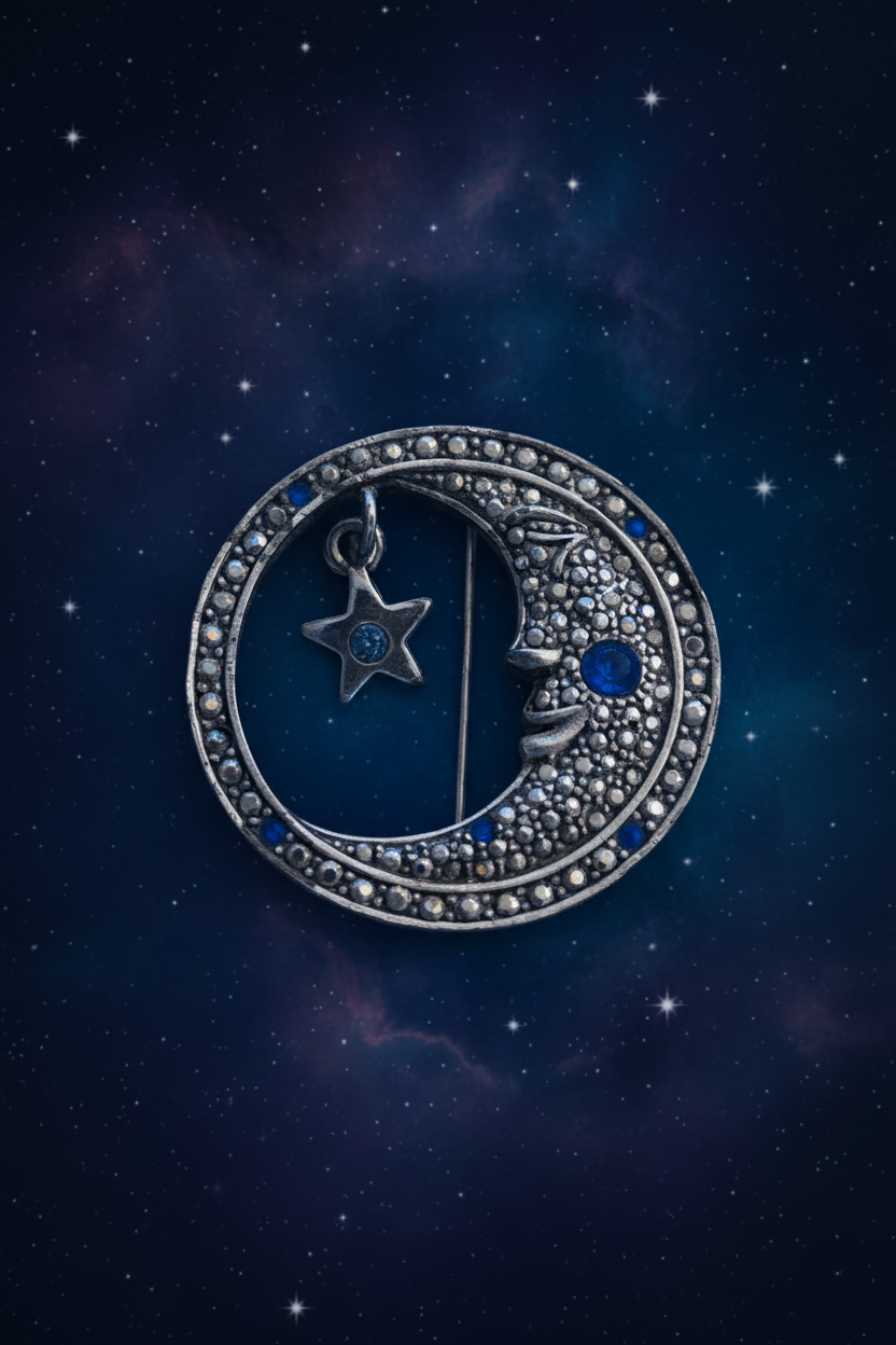 Vintage Signed AAI Silver Moon & Star Blue Rhinestone Brooch