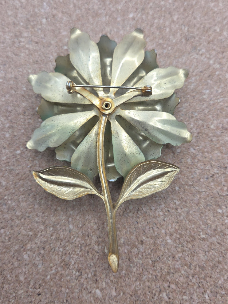 Vintage green enamel metal flower brooch 1960's