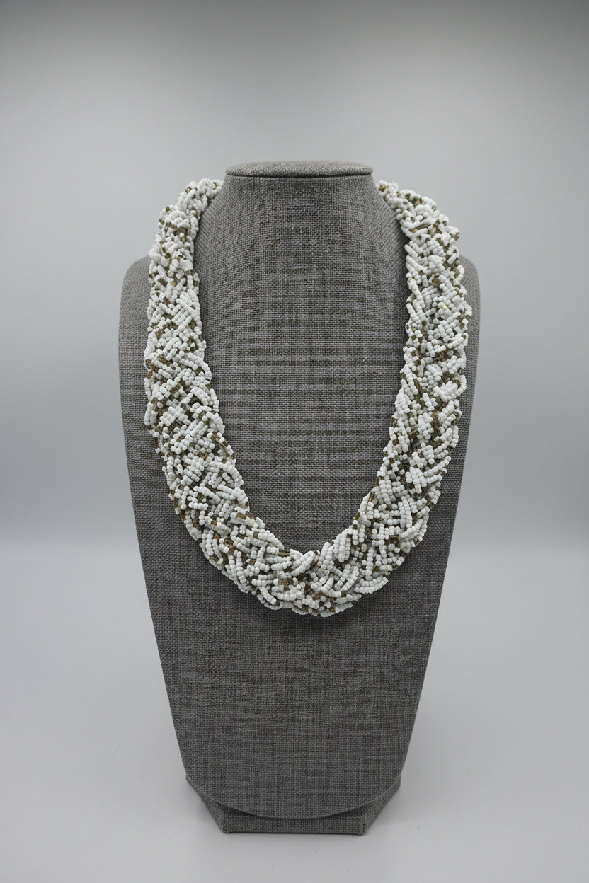 Vintage Chunky Woven Signed C Seed bead Brown and White Necklace