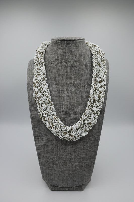 Vintage Chunky Woven Signed C Seed bead Brown and White Necklace