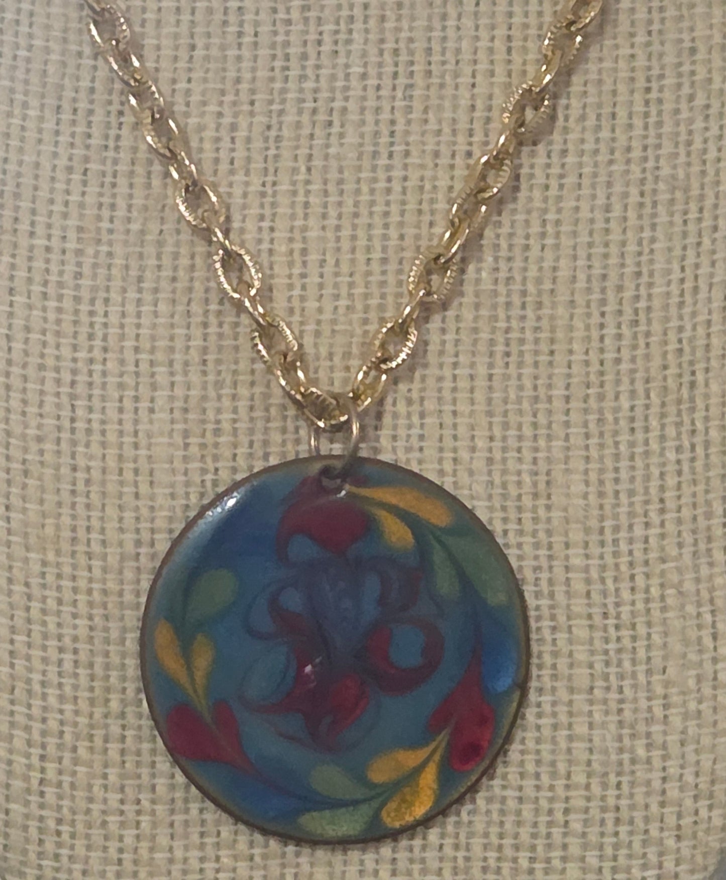 Vintage 1970's enamel round pendant with gold chain Groovy Unique