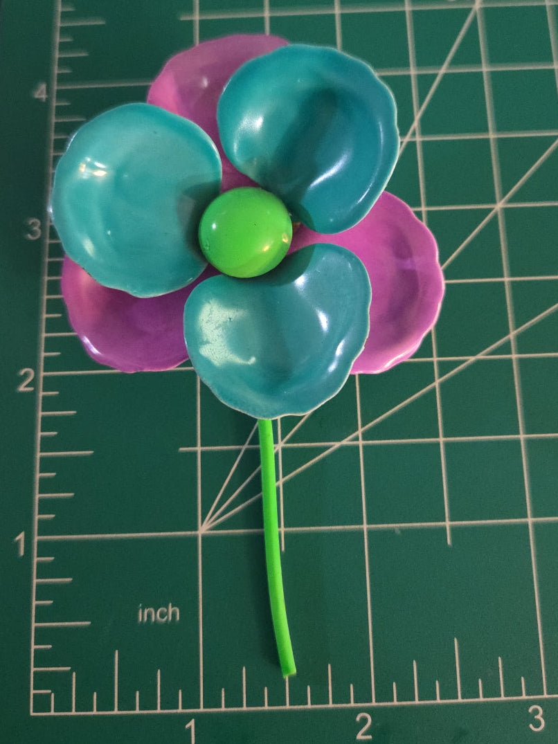 Pinwheel flower teal and purple fun Vintage metal 1960's Brooch