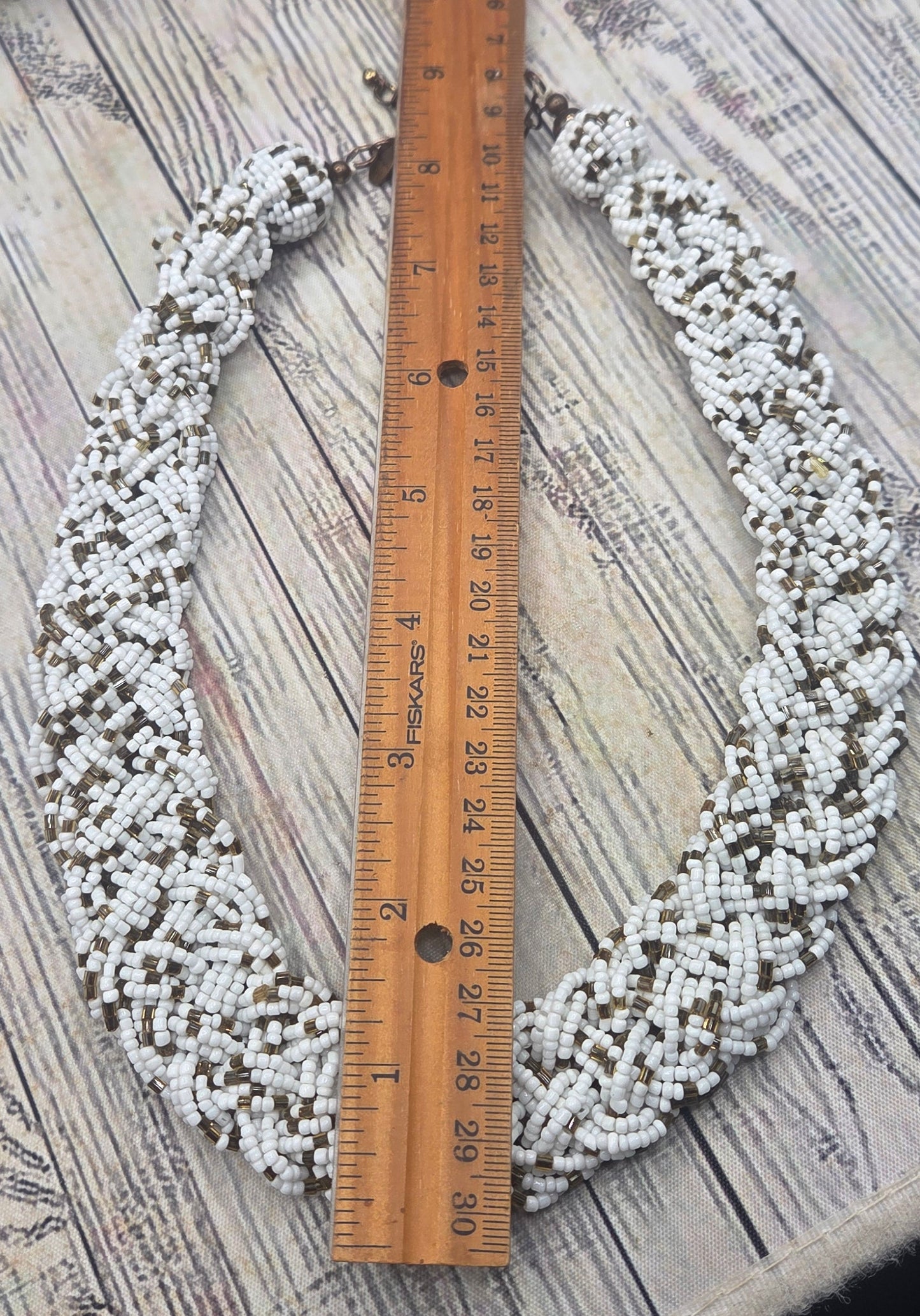 Vintage Chunky Woven Signed C Seed bead Brown and White Necklace