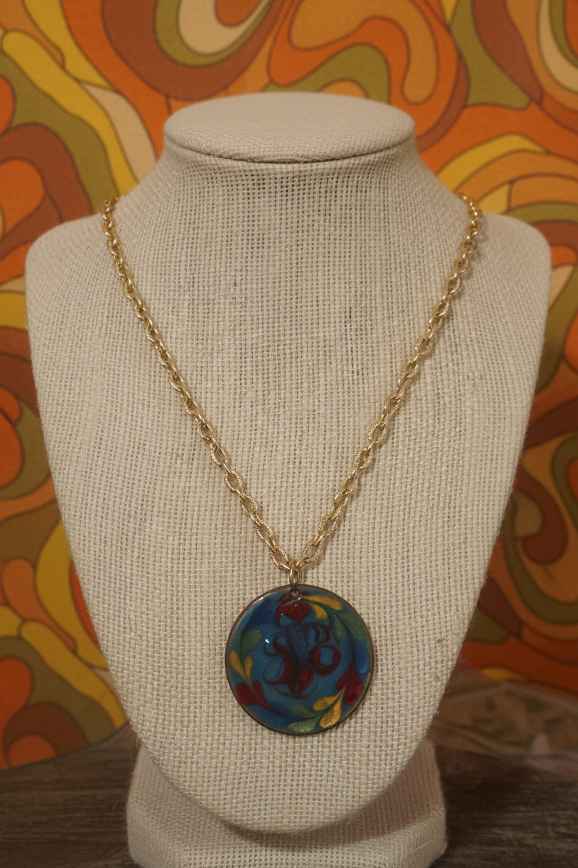 Vintage 1970's enamel round pendant with gold chain Groovy Unique