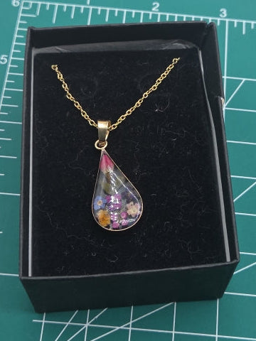 Vintage Sterling Silver Teardrop Pendant with Dried Flowers