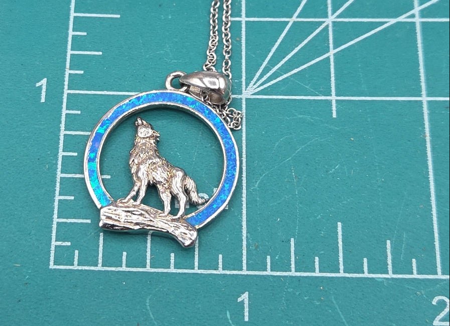 Vintage Sterling Silver Opal Wolf Moon Pendant with Chain