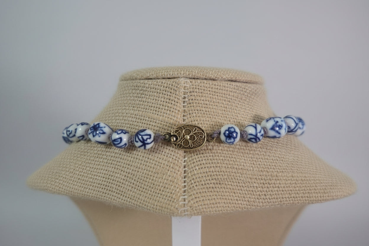 Vintage Blue & White Porcelain Bead Statement Necklace – Handcrafted Ceramic Beads – Long Chinoiserie Style Necklace