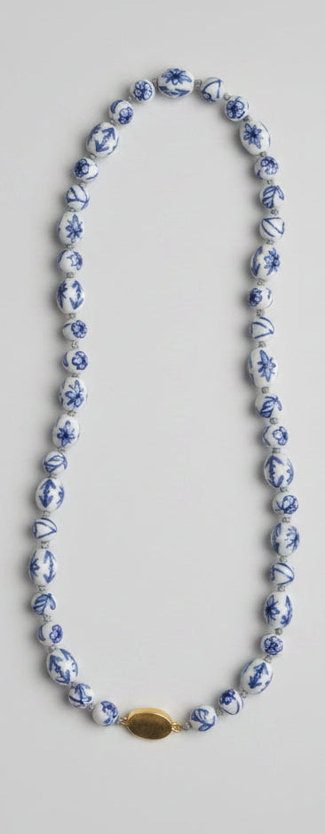 Vintage Blue & White Porcelain Bead Statement Necklace – Handcrafted Ceramic Beads – Long Chinoiserie Style Necklace