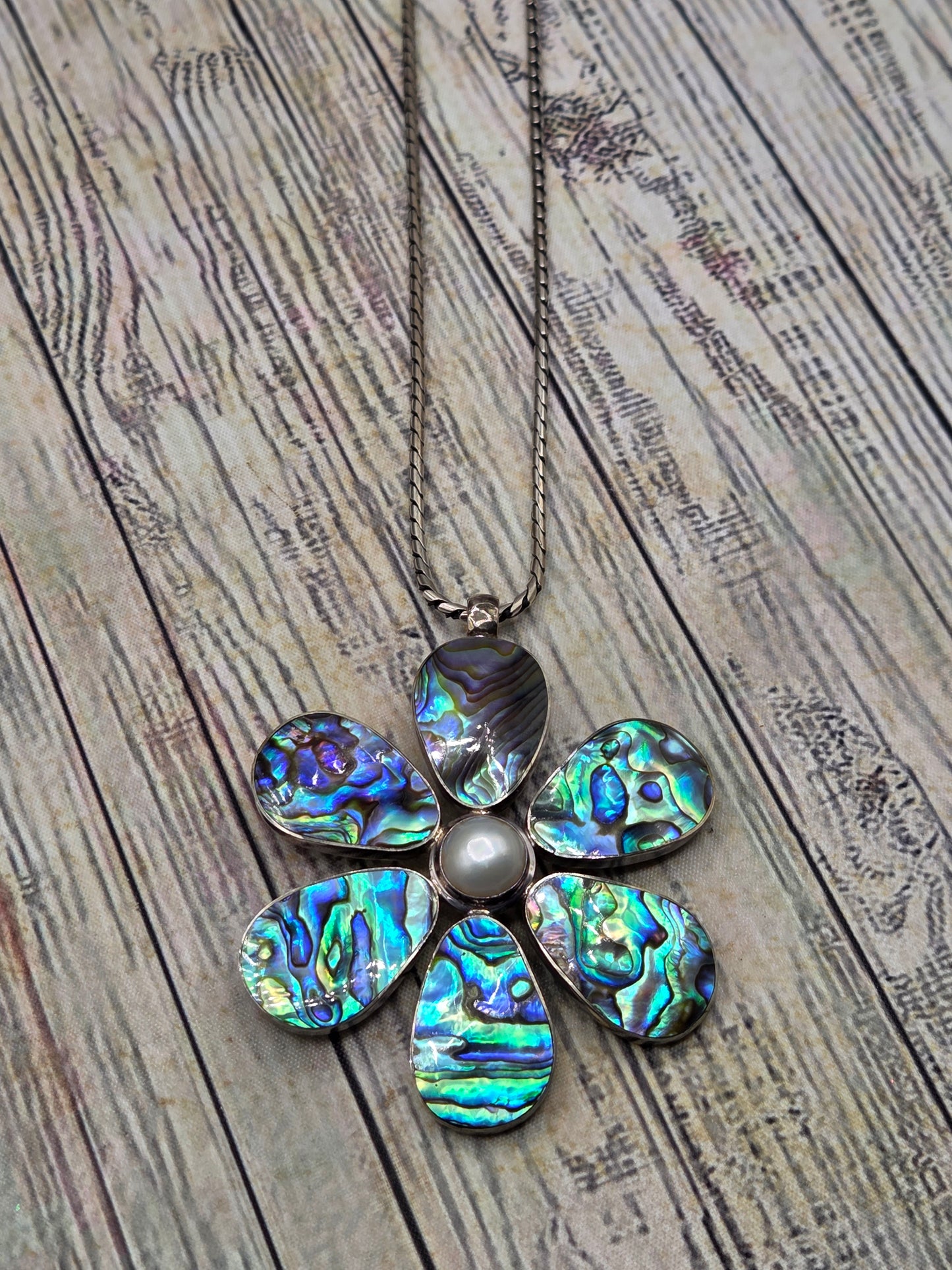 Vintage Boho Hippy Abalone flower sterling silver Thick sterling silver Chain