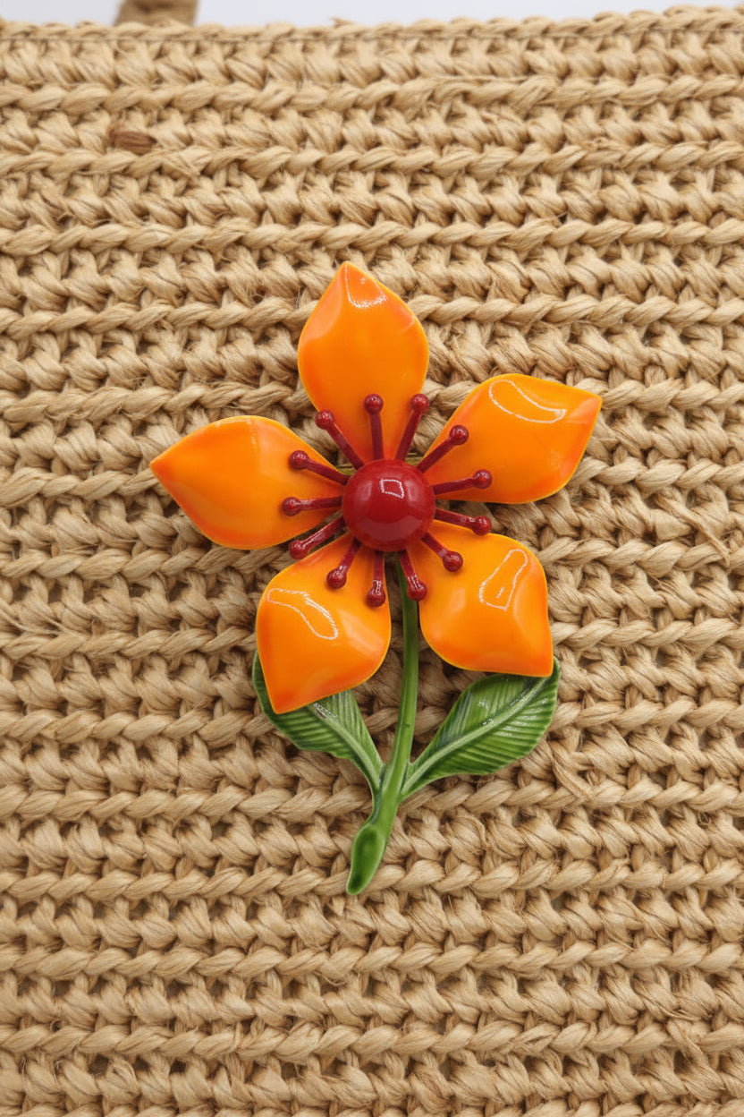 Vintage Flower brooch pin enamel tropical oranges and reds 1960's