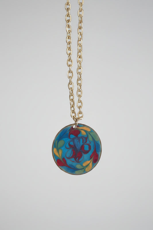 Vintage 1970's enamel round pendant with gold chain Groovy Unique