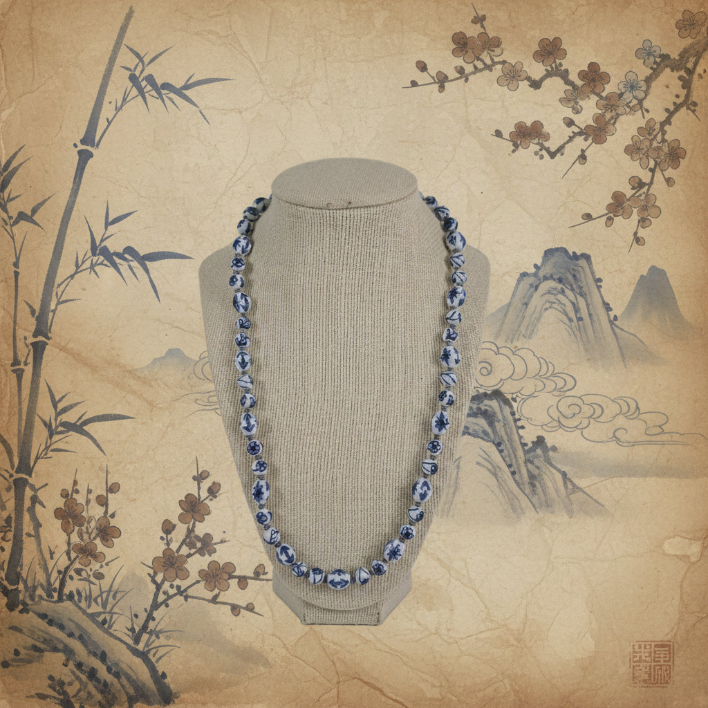 Vintage Blue & White Porcelain Bead Statement Necklace – Handcrafted Ceramic Beads – Long Chinoiserie Style Necklace