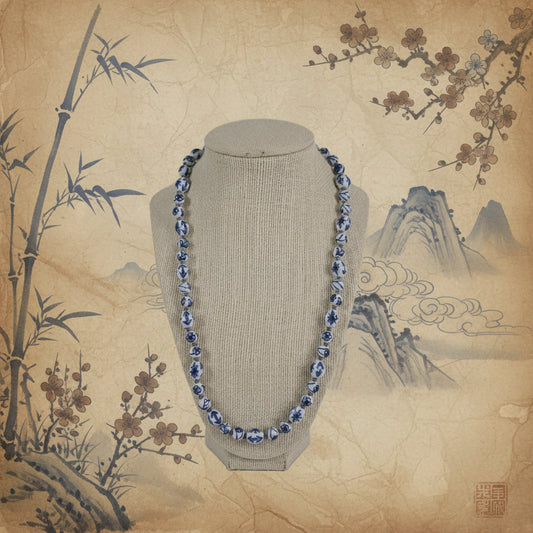 Vintage Blue & White Porcelain Bead Statement Necklace – Handcrafted Ceramic Beads – Long Chinoiserie Style Necklace