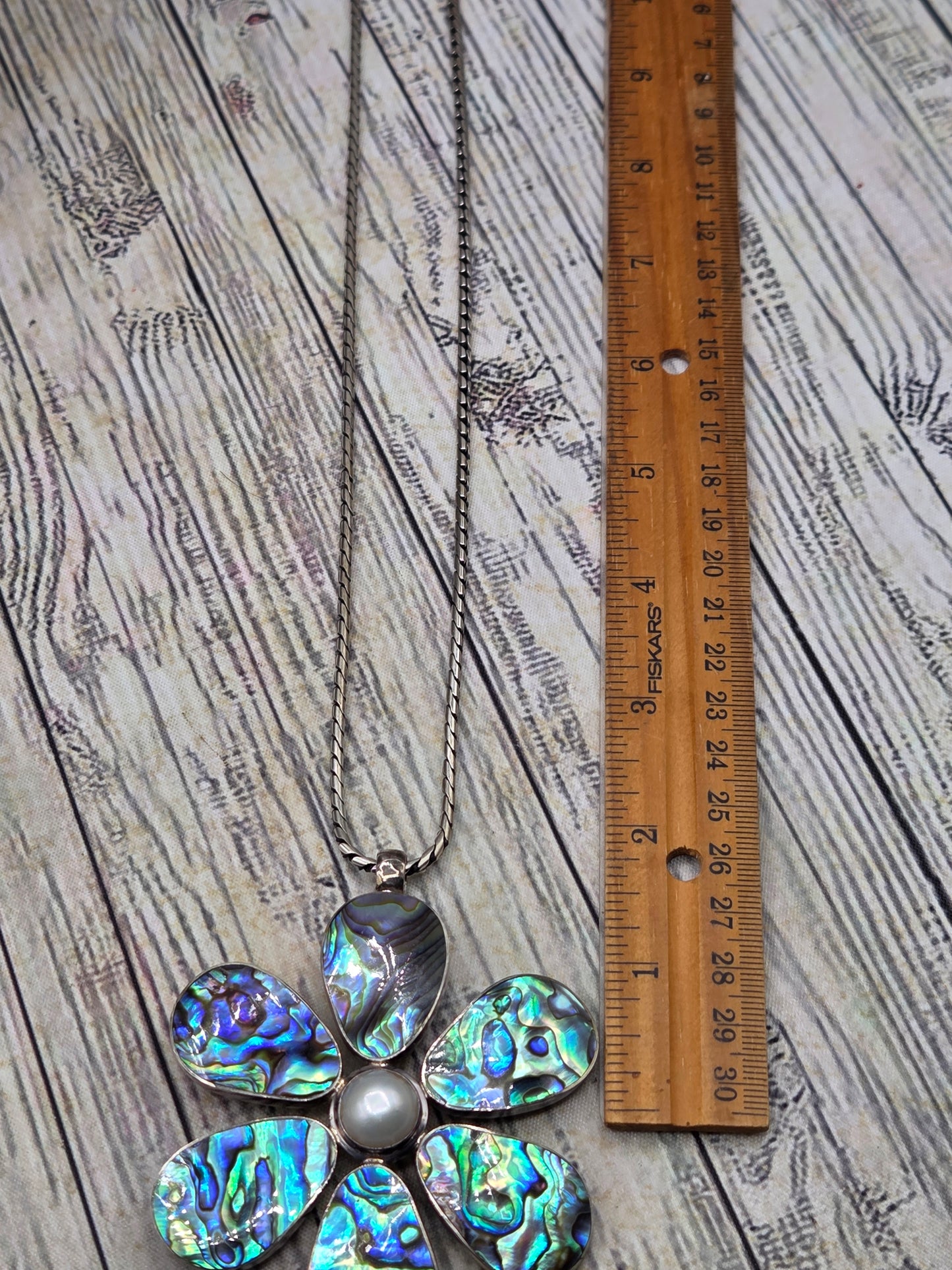 Vintage Boho Hippy Abalone flower sterling silver Thick sterling silver Chain