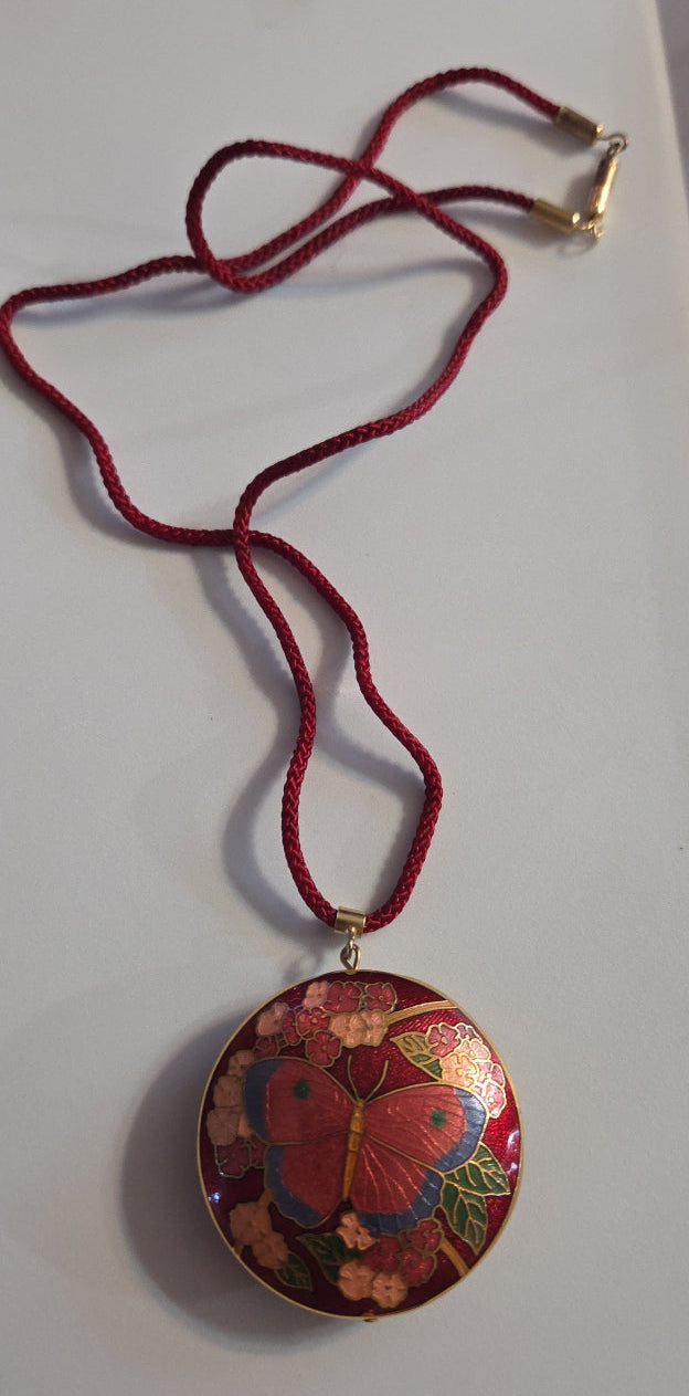 Vintage Red Round Cloisonné Butterfly Pendant on Silk Thread Cord