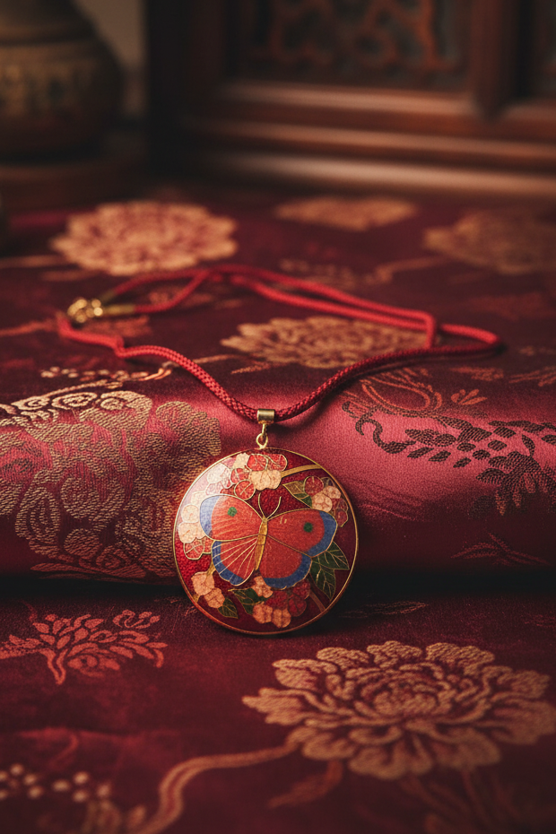 Vintage Red Round Cloisonné Butterfly Pendant on Silk Thread Cord